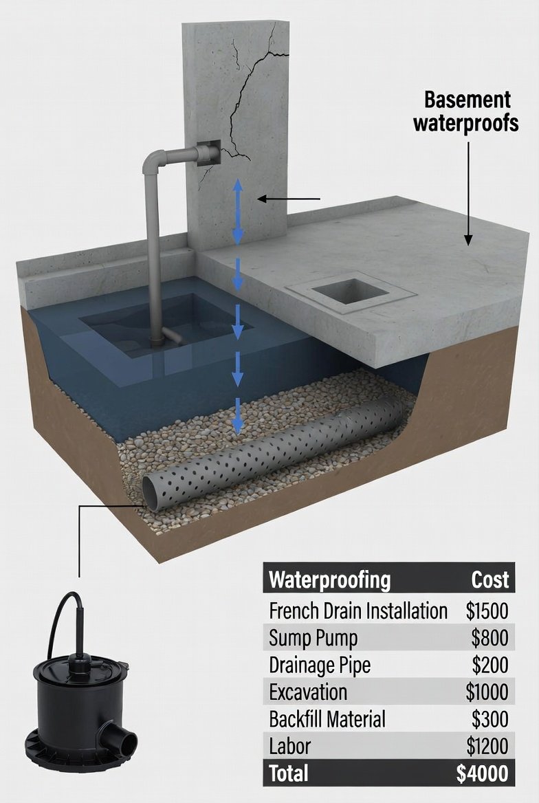 Basement waterproofing cost comparison showing low, mid, and high scope projects with tools and systems used