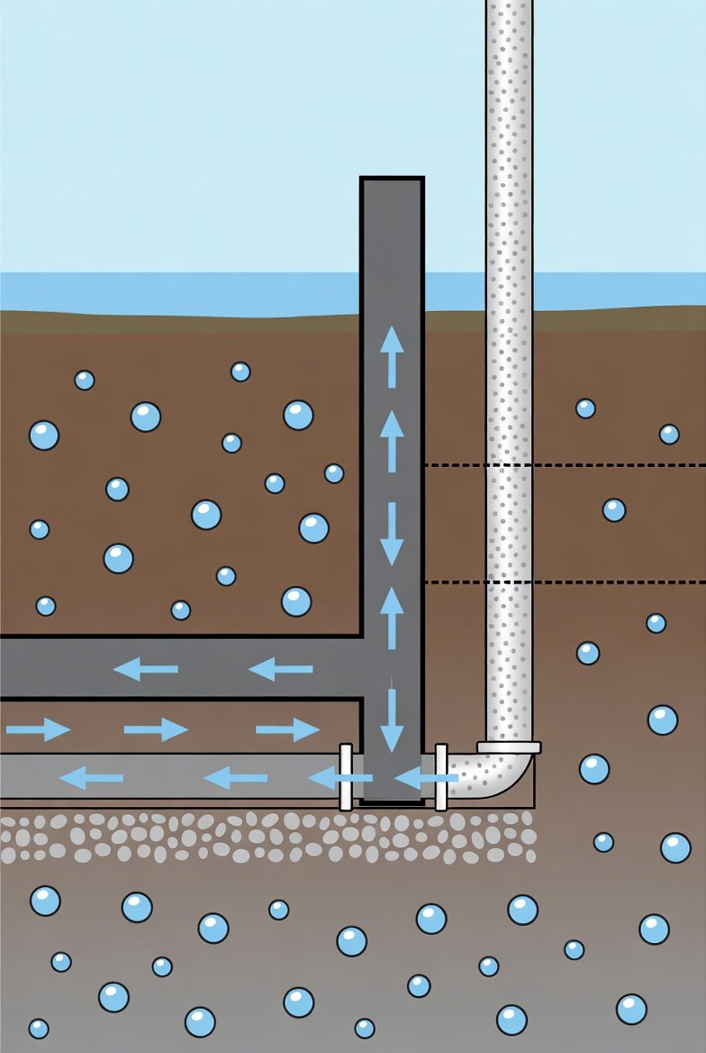 Diagram showing hydrostatic pressure pushing water toward a slab-edge basement French drain