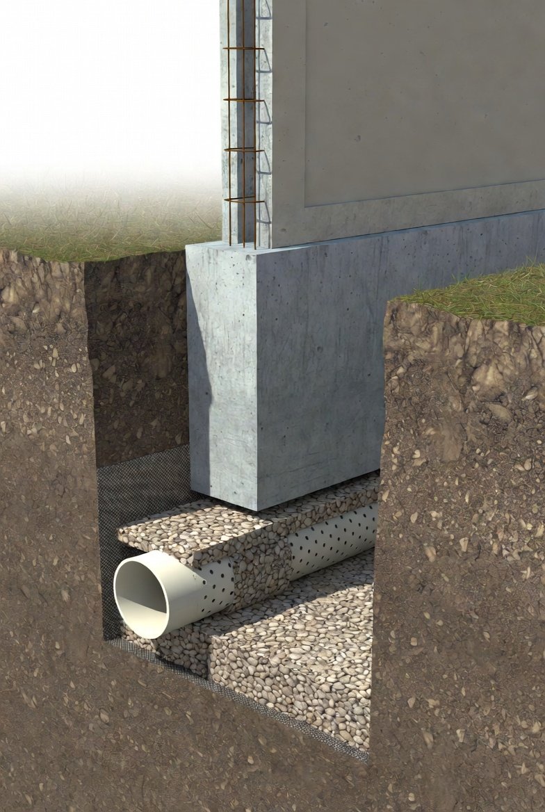 Diagram showing surface runoff diverted away from foundation using exterior drainage