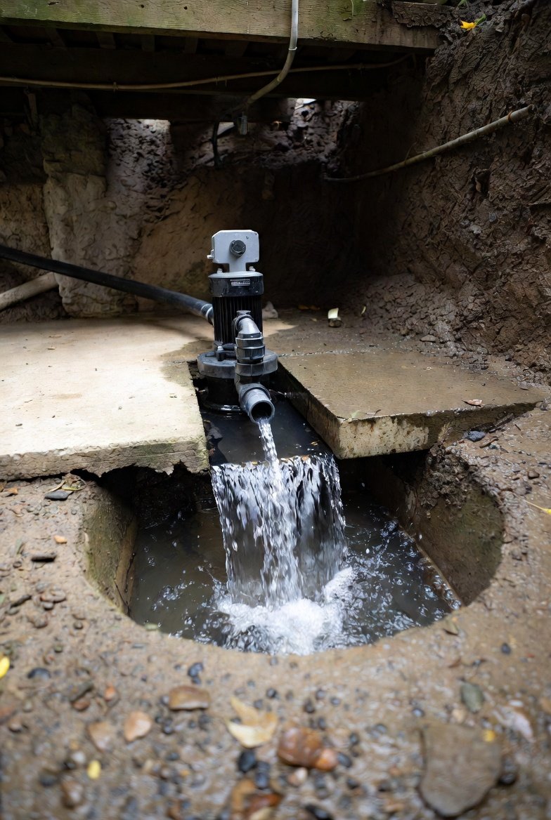 Diagram illustrating sump pump activation as water level rises inside basin