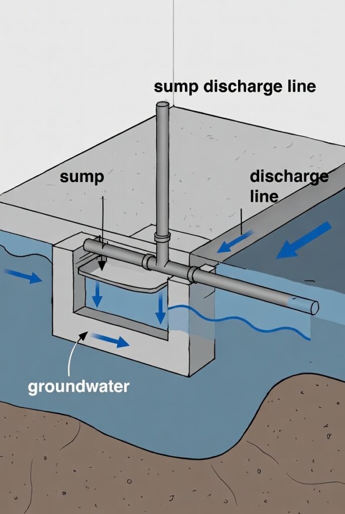 Diagram showing interior drainage channels directing water into a basement sump pit