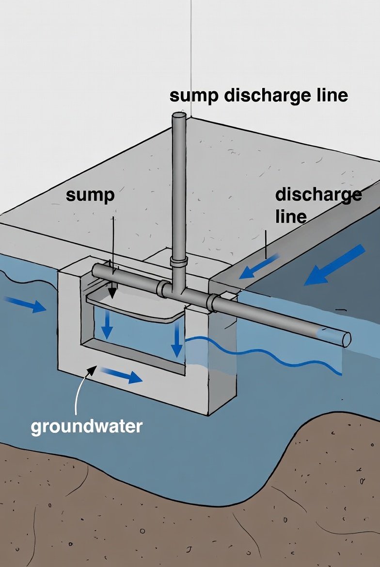 Diagram showing interior drainage channels directing water into a basement sump pit
